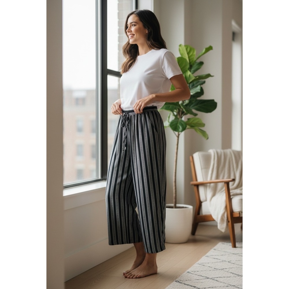 Norton McNaughton Petite Striped Wide Leg Pants Black Grey Drawstring Size 8P